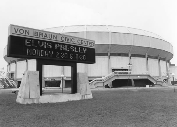 Von Braun Civic Center promoting Elvis Presley's 1976 appearance.