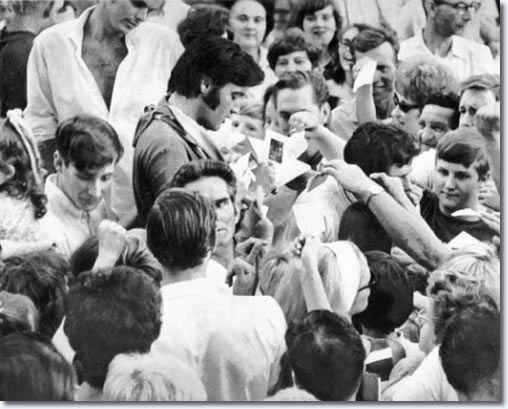 Elvis signing autographs at Graceland, 1969.